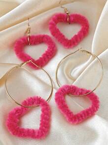2 件套极简主义夸张大心形毛绒耳钉圈形耳环，别致粉色耳环，适合女士 - 玫紅色 - 查看 3