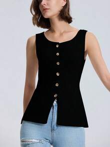 Plain Wide Strap Front Button Knitted Vest, Casual Everyday Wear