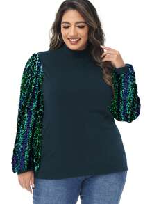Women's Plus Size Sparkle Sequin Sweatshirt Mock Neck Pullover Long Sleeve Glitter Party Tops - 綠色 - 查看 3