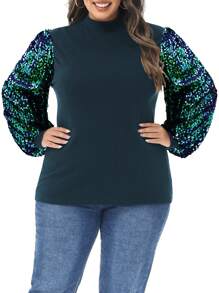 Women's Plus Size Sparkle Sequin Sweatshirt Mock Neck Pullover Long Sleeve Glitter Party Tops - 綠色 - 查看 1