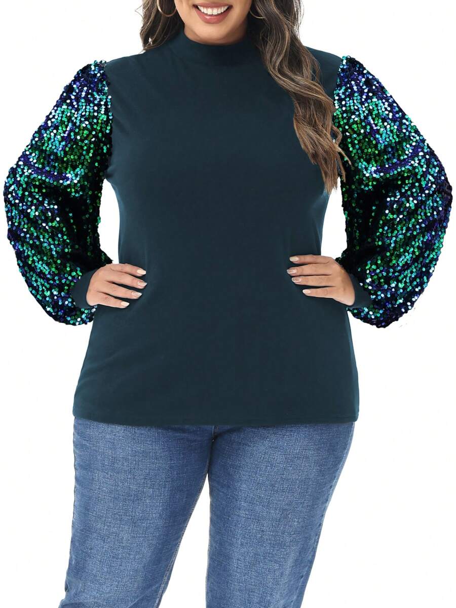Women's Plus Size Sparkle Sequin Sweatshirt Mock Neck Pullover Long Sleeve Glitter Party Tops - 綠色 - 查看 1