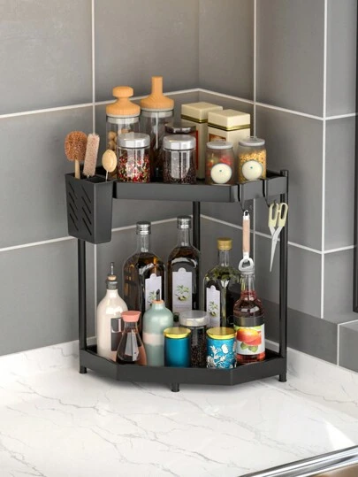 1pc Suporte triangular de camada dupla para prateleira de armazenamento de especiarias de bancada, prateleira de armazenamento de temperos, prateleira de canto de chuveiro de banheiro para bancada de cozinha e banheiro, prateleira de bancada para balcão de cozinha/banheiro