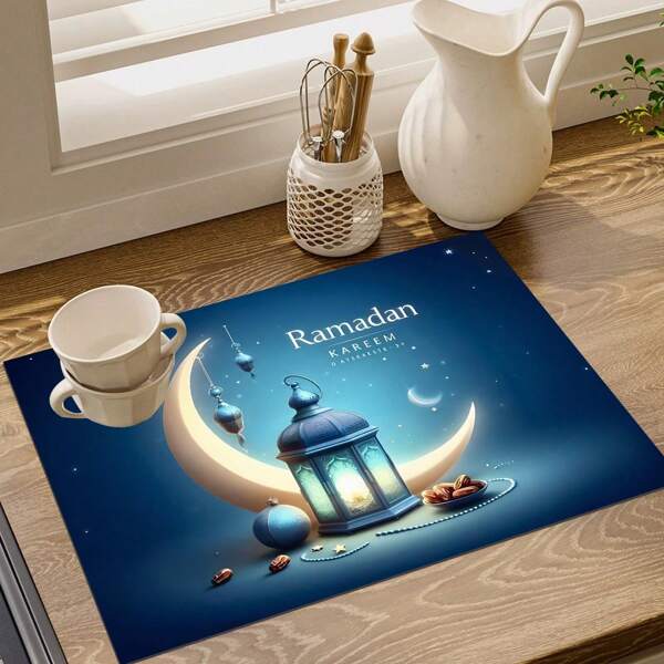 1pc Ramadan Blessing Moon & Stars Dry Mat, Simple Elegant Fashion Atmosphere Print Waterproof Absorbent Kitchen Counter Bowl Dish Drying Mat With Non-Slip Rubber Backing, Multi-Functional Household Mat, Suitable For Coffee Machine Dish Rack