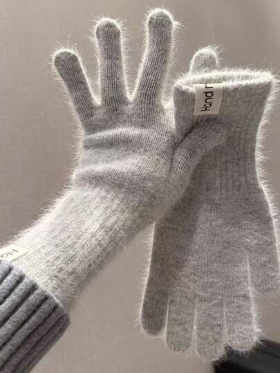 1 Pair Solid Color Rabbit Fur Knitted Gloves, Warm & Windproof, Versatile For Students & Couples, Suitable For Autumn/Winter