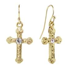 14k Gold Tone Crystal Accent Cross Drop Earrings