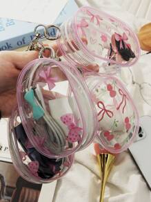 1 Pc New Mini Simple Transparent Multifunctional Organizer With Cherry And Bow Print Cute Digital Organizer Bag With Zip And Keychain Transparent Waterproof Organizer, Sale,Charger Cable Organizer, Reusable Data Cable Organizer,Christmas Present