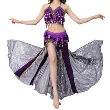 Women's Belly Dance Costume Set, Including Midriff-Baring Top, Bra, Hip Scarf And Slit Skirt, Suitable For Halloween - Multicolor - View 7