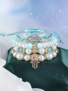 4 件波西米亚多层棕榈吊坠串珠手链，女士创意珠宝，适合情人节、约会、结婚纪念日、纪念礼物 - 巴掌 - 查看 3