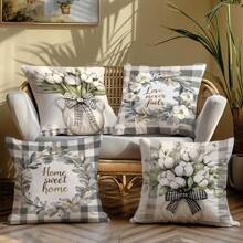4pcs 17.7"X17.7" (45x45cm) Simple Plaid & Floral Print Cushion Covers (Single-Sided Printing), Suitable For Home Decor, Sofa, Bedroom, Car Pillow Covers (Inner Pillow Not Included)