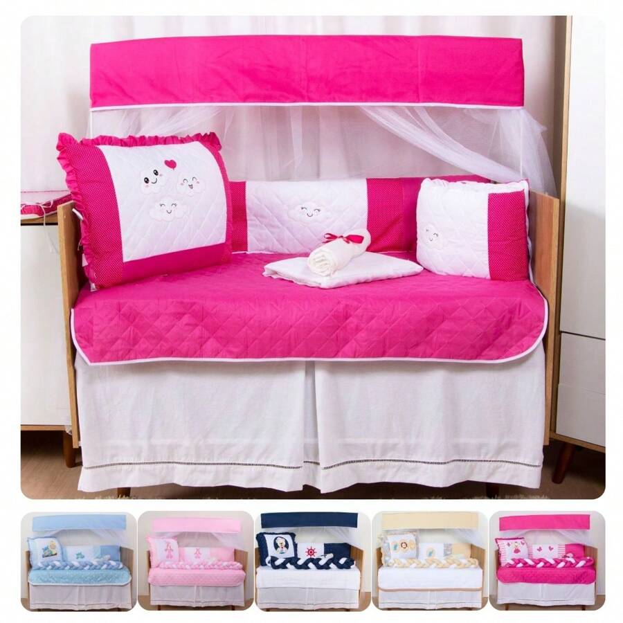 10 Piece American Crib Kit With Embroidered Side Protector For Boys And Girls - Three Little Pink Clouds - View 1