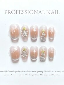 10 件圣诞手工棺材形状按压指甲套装高端裸色猫眼闪亮圣诞主题雪花 3D 圣诞树秋冬全覆盖假指甲套装包括 1 张粘合标签 1 个迷你锉刀 - 彩色 - 查看 4