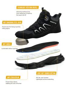 男士安全工作靴，大码高帮户外工业鞋，合成革鞋面搭配EVA鞋底，适用于建筑、采矿、徒步、狩猎等多种场合，春、秋、冬四季皆宜。 - 黑與白 - 查看 7