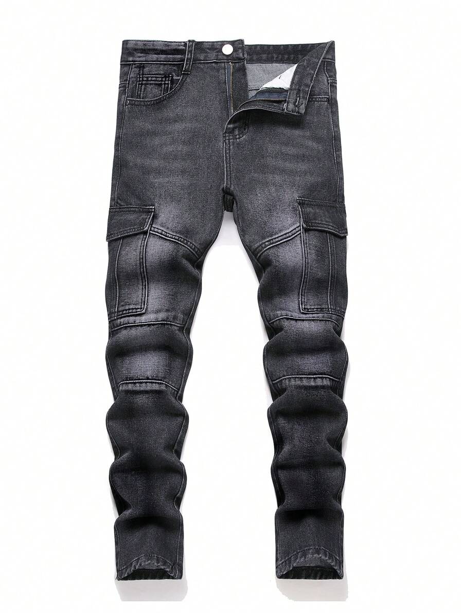 Quần Jeans Denim Ôm Vừa Vặn, Túi Bên Hông Phong Cách Châu Âu & Mỹ Cho Nam - màu đen - Xem 1