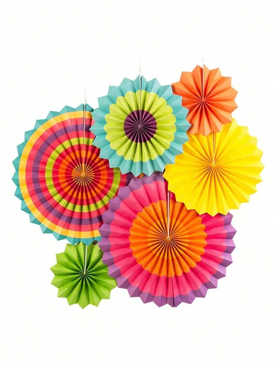 6pcs Colorful Paper Fans, Hanging Decor. Round Pattern Paper Wreath Decorations, Suitable For Holiday Parties, Birthday Celebrations, Weddings, Gender Reveal Parties, Carnivals, Circus Parties, And Home, Room, Wall Decor Or Graduation Gifts. - Multicolor - View 1