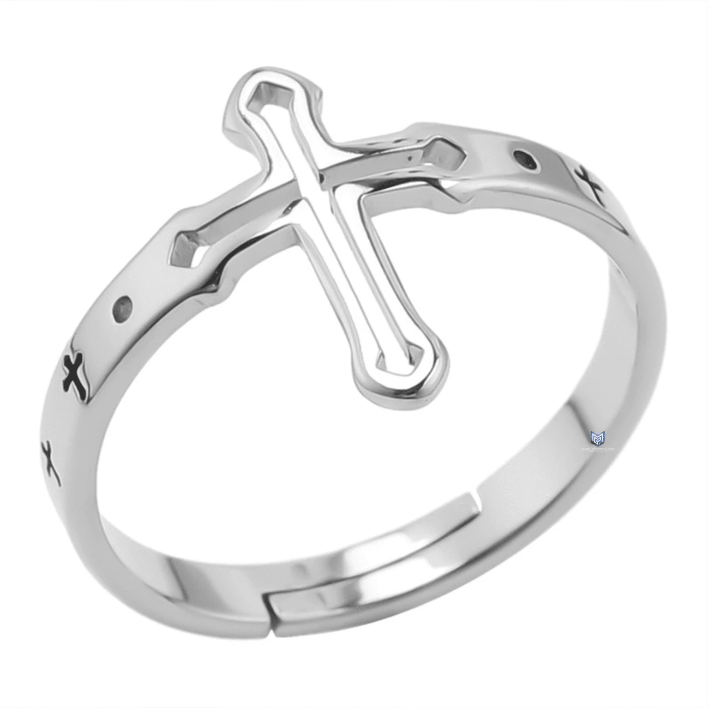 1pza Anillo ajustable con cruces elaborado en acero inoxidable 316L - Plateado - Ver 1