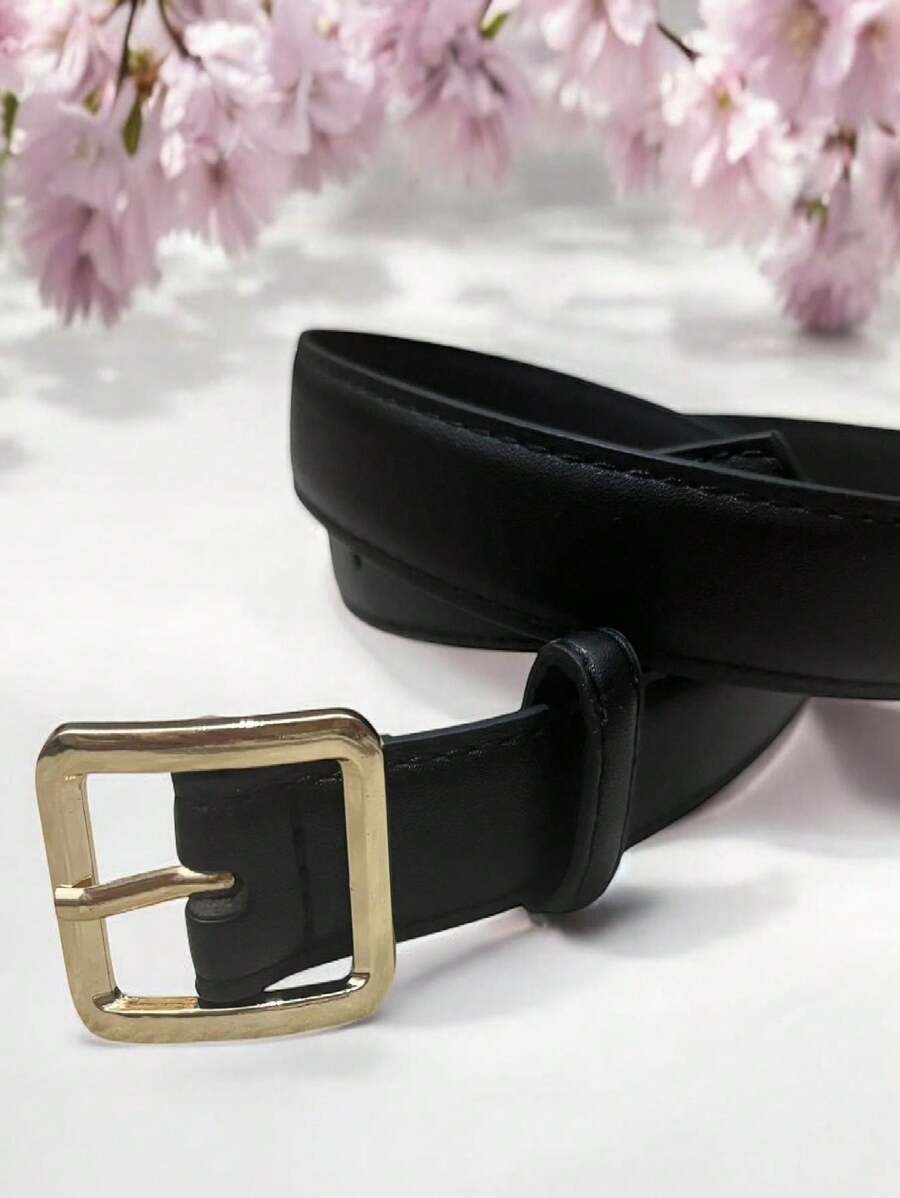Women's Leather Belt Gold Buckle Width 2.5CM - Black - View 1