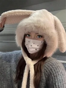 1 pezzo Berretto di lana in pile di poliestere di colore solido con orecchie da coniglio, cappello invernale caldo e soffice con paraorecchie e coprinucca, adatto per raduni e attività all aperto