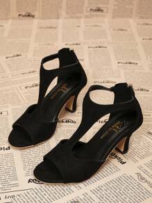 女士时尚高跟鞋，T 型带镂空罗马风格露趾凉鞋，休闲细跟坡跟鞋，时尚百搭 - 黑色 - 查看 3