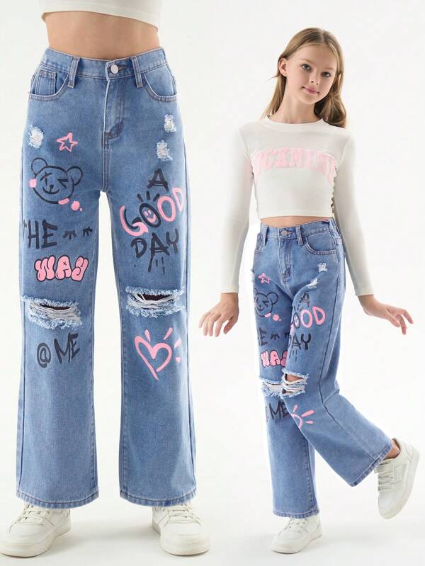 Tween Girl Jeans Fashion Loose Cute Embroidered Washed Blue Denim Straight Pants Y2K
