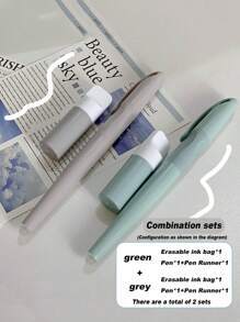 1 Set Cartoon Ink Cartridge Fountain Pen Set, Blue, Green, Grey, Purple, Clear Blue Pen Refills, Suitable For Students, Erasable And Replaceable Ink Cartridge Practice Pen Back To School