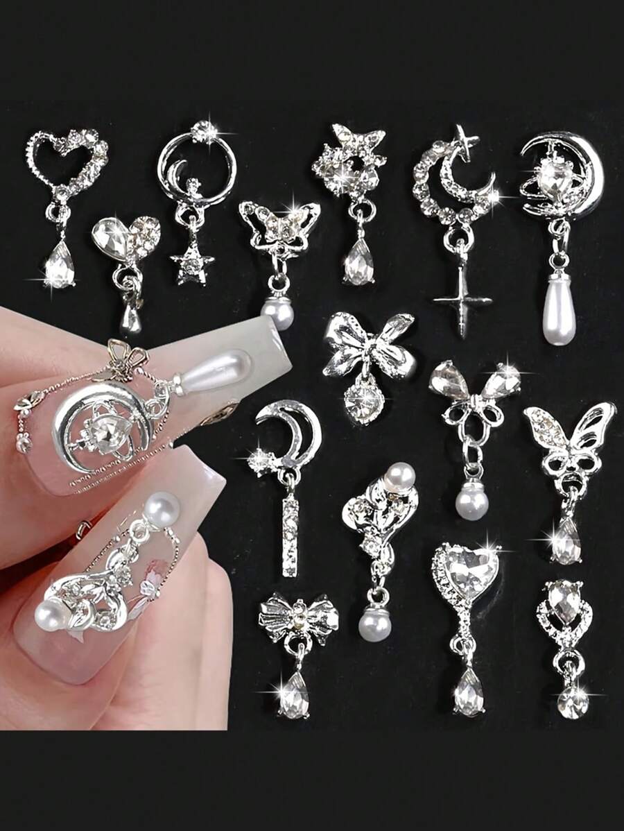 Bộ 15 món trang trí móng tay bằng hợp kim bạc hình trái tim, nơ, sao, trăng, tua rua, ngọc trai, pha lê, kiểu dáng Y2K, hình bướm 3D lấp lánh, phụ kiện móng tay, đồ dùng làm móng.