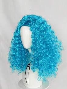 蓝色长弹力蓬松卷曲合成动漫角色扮演假发，合成耐高温纤维头发，适合女性日常派对服装假发，适合万圣节派对节日生日感恩节礼物，适合圣诞节新年装饰和 1 个假发帽 - 藍色 - 查看 4