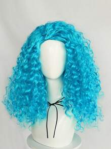 蓝色长弹力蓬松卷曲合成动漫角色扮演假发，合成耐高温纤维头发，适合女性日常派对服装假发，适合万圣节派对节日生日感恩节礼物，适合圣诞节新年装饰和 1 个假发帽 - 藍色 - 查看 3
