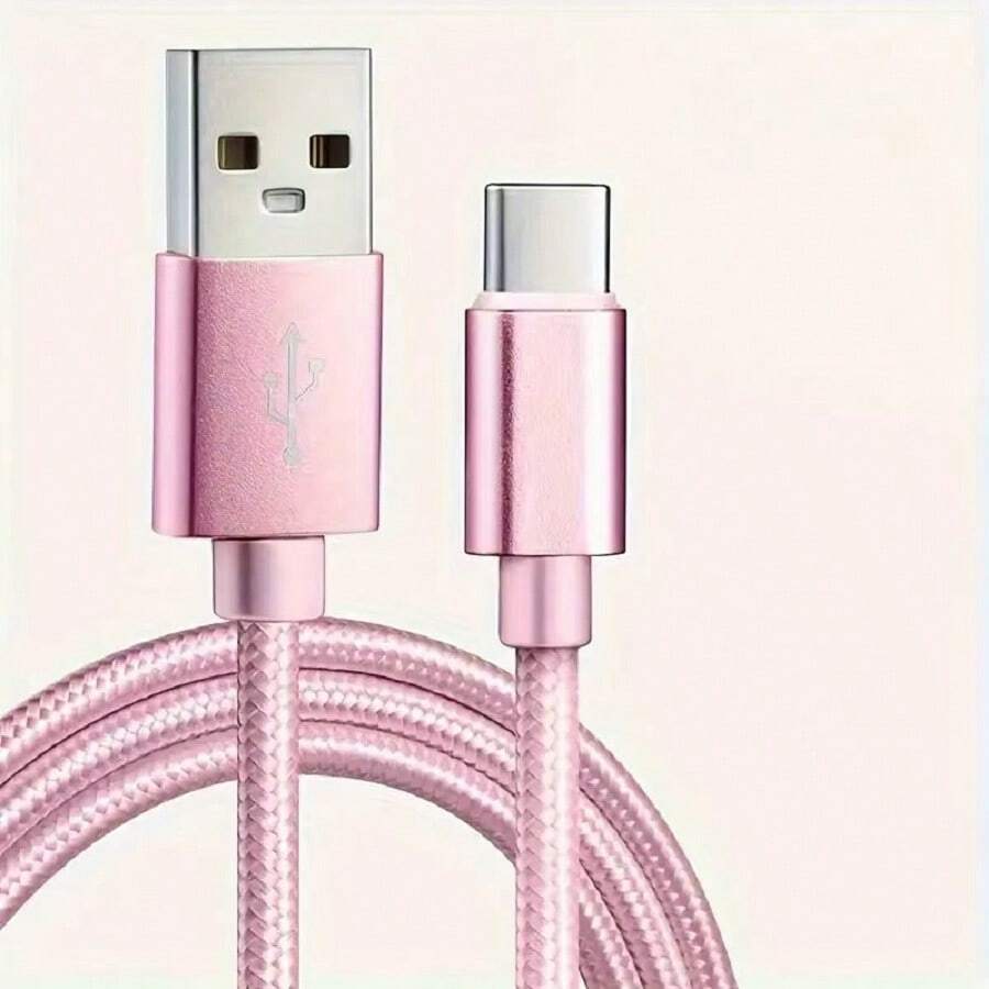 编织尼龙数据线，USB Type C 用于快速手机充电，兼容 OPPO、VIVO、REDMI、HONOR - 玫瑰金 - 查看 1