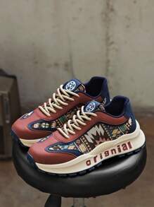 男士复古刺绣皮革与布料拼接厚底运动鞋，高跟软底休闲时尚青春潮流运动鞋（随机花卉刺绣图案） - 紅色 - 查看 2