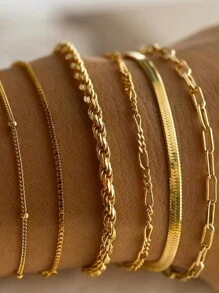 6 件时尚 14K 镀金不锈钢防水不褪色扭曲、蛇形、串珠链手链，适合女性日常佩戴、派对、礼物 - 金黃色 - 查看 5