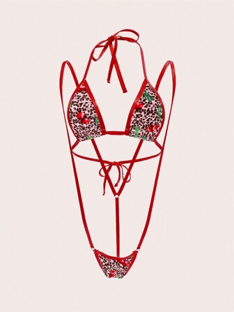 2 Pieces Women's Christmas Sexy Lingerie Set, Cherry Red Three-Point Design With Cutouts, Soft Stretch Fabric, Comfortable Seductive, Bold Festive Style, Intimate Holiday Wear For Christmas Nights & Romantic Occasions