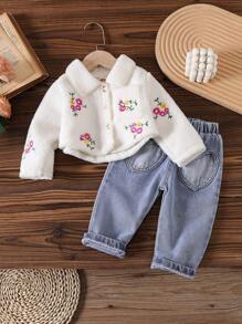 Set de 2 piezas para bebé niña con chaqueta de forro polar bordada de moda informal + pantalón vaquero de estilo elegante - Blanco - Ver 1