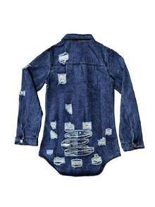 Women's Casual Mid-Length Distressed Washed Denim Jacket, Autumn - Blue - View 5