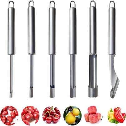 Set de 6/2 piezas de Sacatapones y Deshuesador multifunción de frutas y verduras de acero inoxidable, compatible con manzana, pera, cereza, azufaifo, dátil rojo, baya, chile
