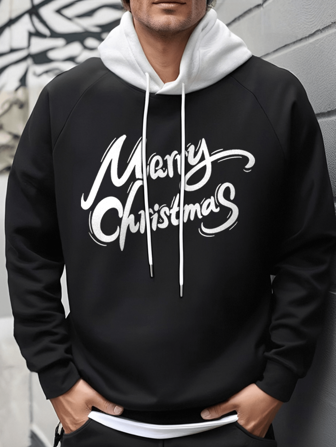 Christmas Print Colorblock Hooded Pullover Sweatshirt Without Pocket For Men