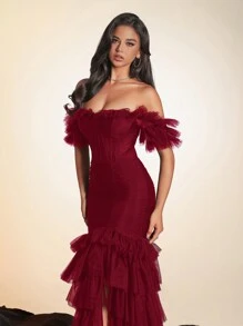 Elisanya Robe longue à épaules dénudées en maille avec fente élevée et superposée, robe de soirée, robe de cocktail, robe de demoiselle d'honneur - Rouge foncé - Voir 2