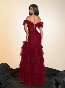 Elisanya Robe longue à épaules dénudées en maille avec fente élevée et superposée, robe de soirée, robe de cocktail, robe de demoiselle d'honneur - Rouge foncé - Voir 3