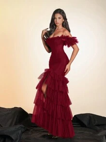 Elisanya Robe longue à épaules dénudées en maille avec fente élevée et superposée, robe de soirée, robe de cocktail, robe de demoiselle d'honneur - Rouge foncé - Voir 6