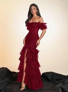 Elisanya Robe longue à épaules dénudées en maille avec fente élevée et superposée, robe de soirée, robe de cocktail, robe de demoiselle d'honneur - Rouge foncé - Voir 5
