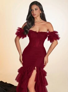 Elisanya Robe longue à épaules dénudées en maille avec fente élevée et superposée, robe de soirée, robe de cocktail, robe de demoiselle d'honneur - Rouge foncé - Voir 7