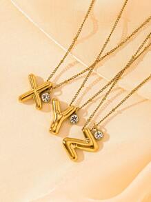 1pc Fashionable And Creative Big Bubble Necklace With Cubic Zirconia Decor, Personalized 26 Letter Necklace Chunky Jewelry For Women - Yellow Gold - View 3