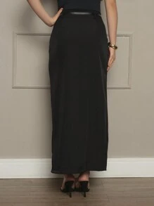 OUR FASHION Long Skirt With Front Slit In Luis Twill With Brown Belt / The Fabric Is Better Than Tailoring / / Front Slit / Button Details / Casual / / Look / Everyday / Summer / Elegant / Casual / Stylish / Collection 2024 - màu đen - Xem 2