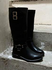 2025Women's Knee-High Knight Boots In Black With Elegant Square Buckle Decoration For The Fall And Winter Season, Suitable For Dating, Parties, Shopping And Commuting During The Back-To-School Season And Valentine's Day.