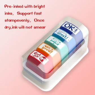 5pcs/Set Self-Inking Rubber Stamp, Color-Changing Comment Stamp For Education, Teacher Reward And Feedback Use, Clear Marking For Behavior And Achievement Evaluation, Comes With Storage Tray,Back To School,School Supplies