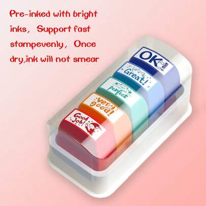5 件/套自墨橡皮图章，变色评语印章，用于教育、教师奖励和反馈，清晰标记，用于行为和成就评估，配有储物托盘，返校，学校用品