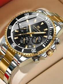 VA VA VOOM Reloj multifuncional para hombre, negro y dorado gradual, calendario de lujo, cronómetro, luminiscencia nocturna, acero inoxidable, reloj de cuarzo para viaje y exterior