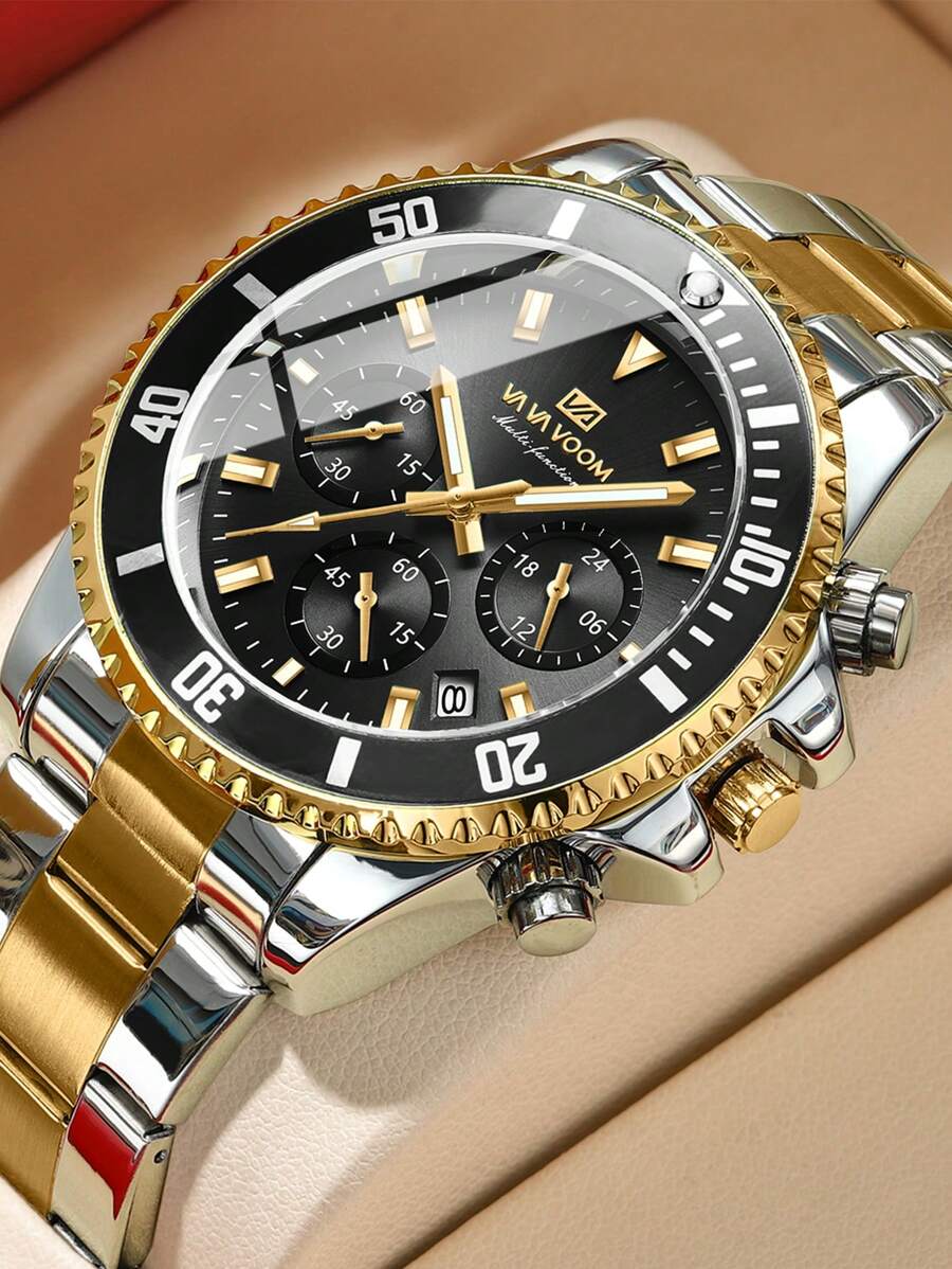 VA VA VOOM Reloj multifuncional para hombre, negro y dorado gradual, calendario de lujo, cronómetro, luminiscencia nocturna, acero inoxidable, reloj de cuarzo para viaje y exterior