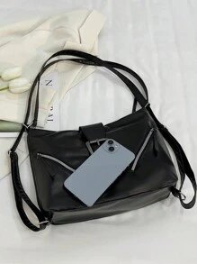 New Luxury Solid Color Pattern Versatile Women Shoulder Tote Bag - Black - View 2