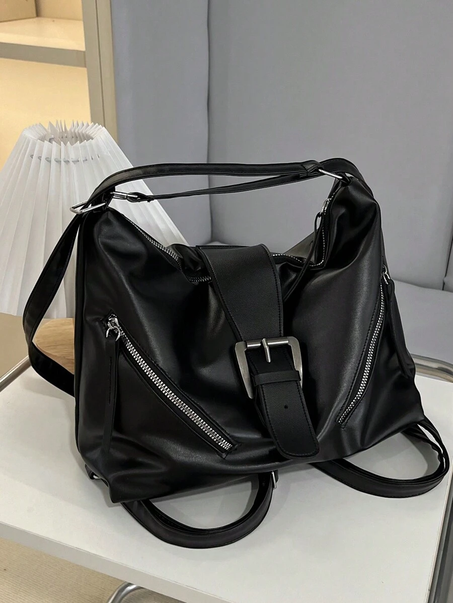 New Luxury Solid Color Pattern Versatile Women Shoulder Tote Bag - Black - View 1