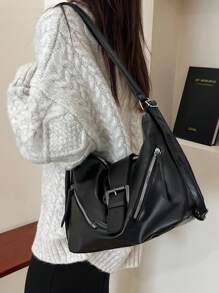New Luxury Solid Color Pattern Versatile Women Shoulder Tote Bag - Black - View 7